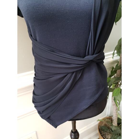 Labwork Faux Wrap Ruched Women's S-P Blue Polyester Short Sleeves Tie Waist Top - Picture 4 of 12